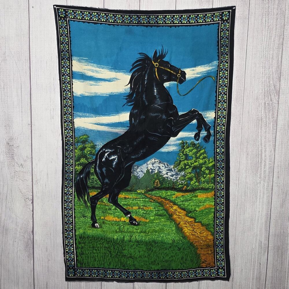 VTG Turkish Black Stallion Horse Tapestry Wall Hanging 33x52 Western Cotton